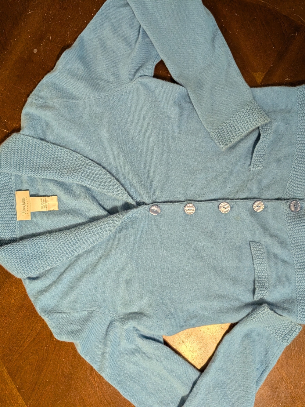 Neiman Marcus Light Blue Shawl-Collar Button-Front Cardigan